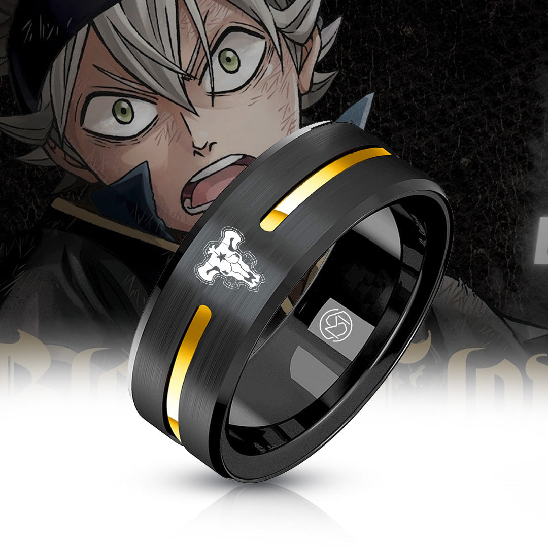 Black Clover Black Bull 18K gold ring on anime-art background