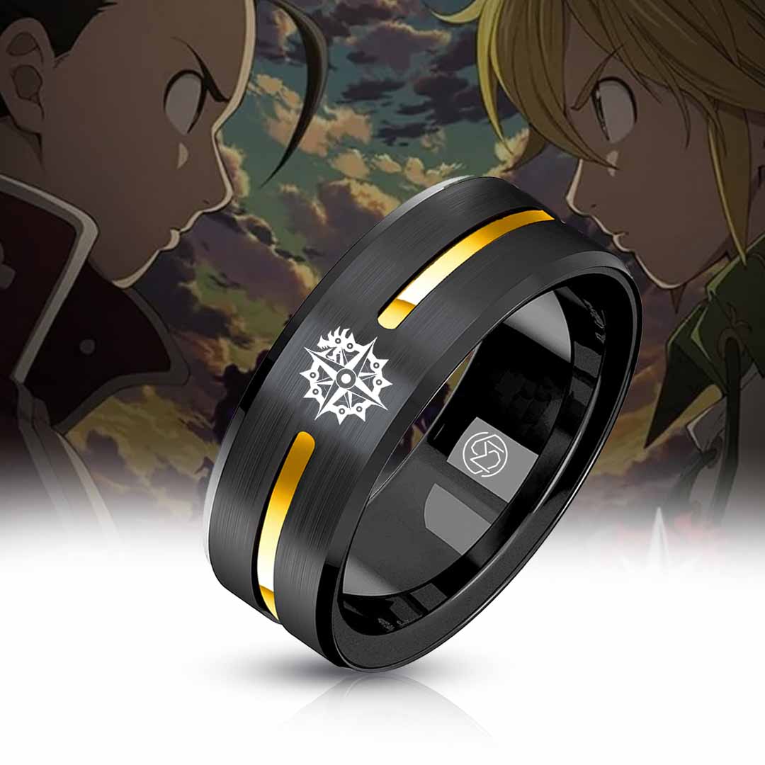 Seven Deadly Sins 18K gold ring on anime-art background