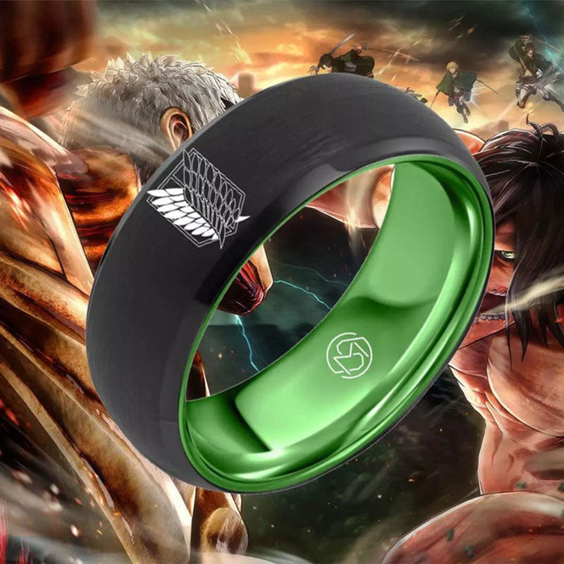 Wings of Freedom ring inspired by Attack on Titan, shown on anime-art background