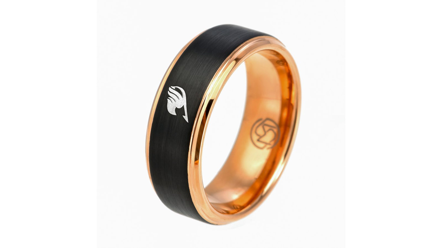 Fairy Tail guild emblem ring in 18K rose gold and tungsten on a white background
