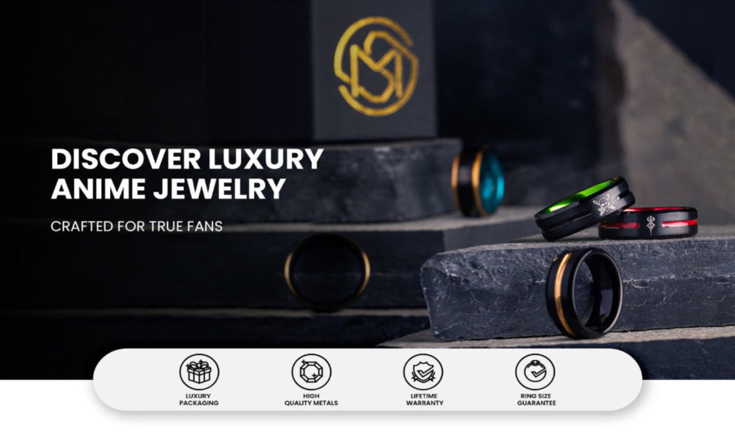 Luxury anime jewelry with rings on a dark background, featuring the brand logo.