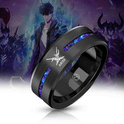 Black ring with blue accents and 'ARISE' branding against a fantasy-themed background